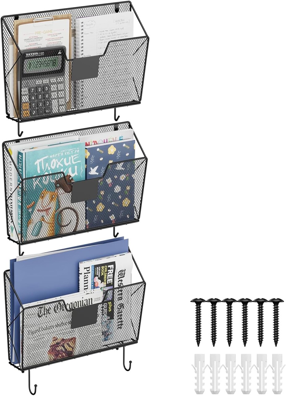 3-Pack Mesh Hanging Wall File Organizer with Hooks – Metal Wall-Mounted Document & Mail Storage for Office, Home, Kitchen, Bathroom – Black